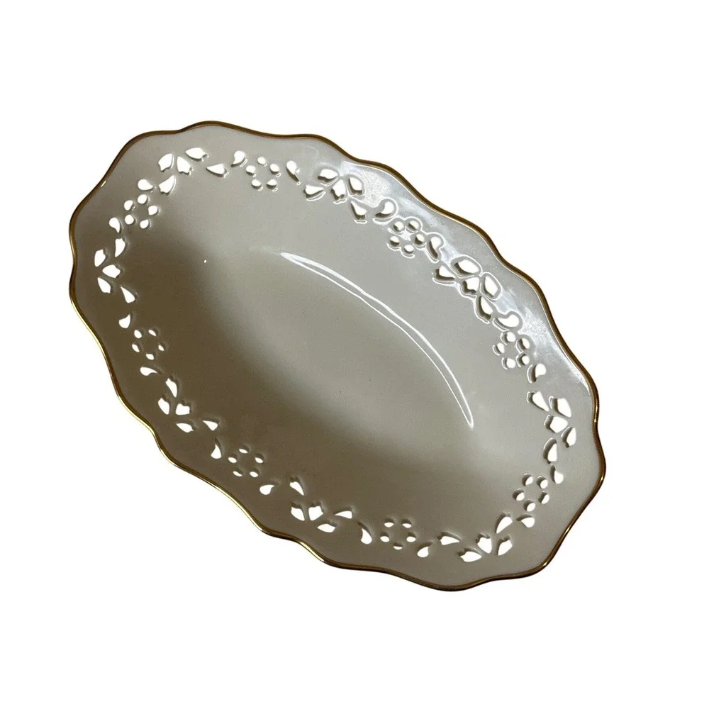 Vtintage Lenox Pierced Oval Trinket Dish 24K Gold Trimmed Fine China Porcelain